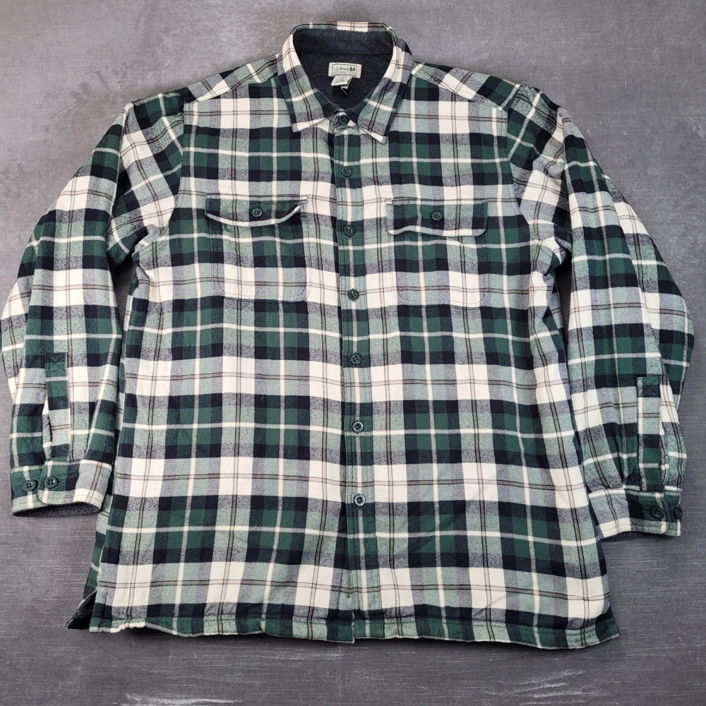 LL Bean Vintage Mens Large Fleece Lined Flannel Shirt Jacket Green Plaid L-REG‎